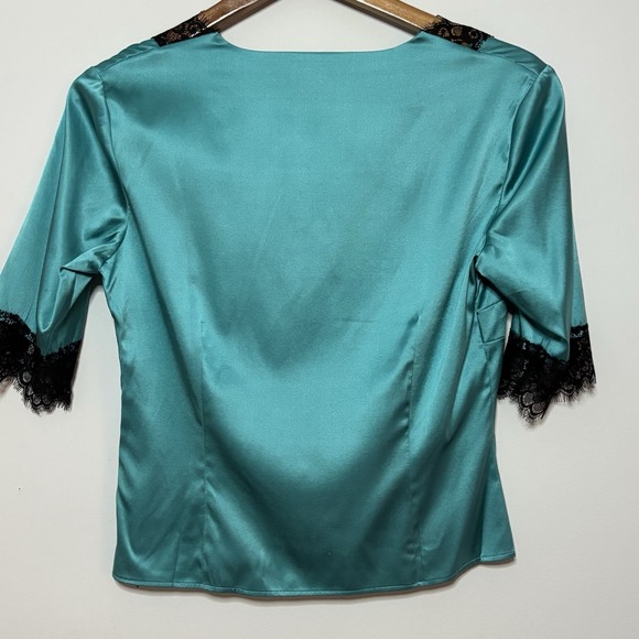 Vintage Y2K Silk & Lace Top M  Turquoise 3/4 Sleeve V-Neck Coquette FairyCore - Picture 2 of 11